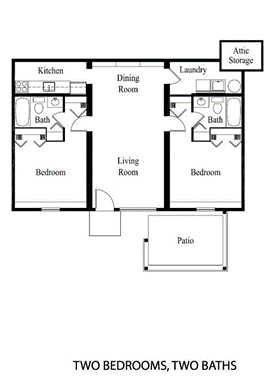 A floor plan of a two bedroom, two bathroom apartment.
